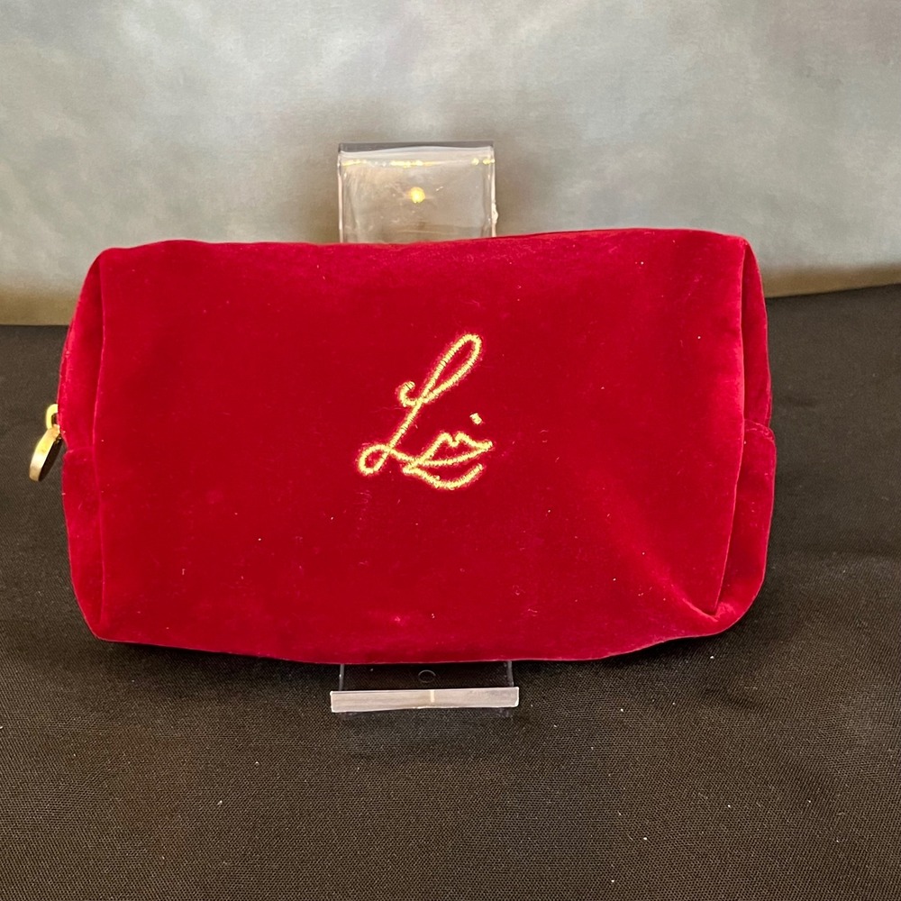 Lisa Eldridge Luxury Velour Cosmetic Bag Red Gold Logo Zipper‎ Pouch